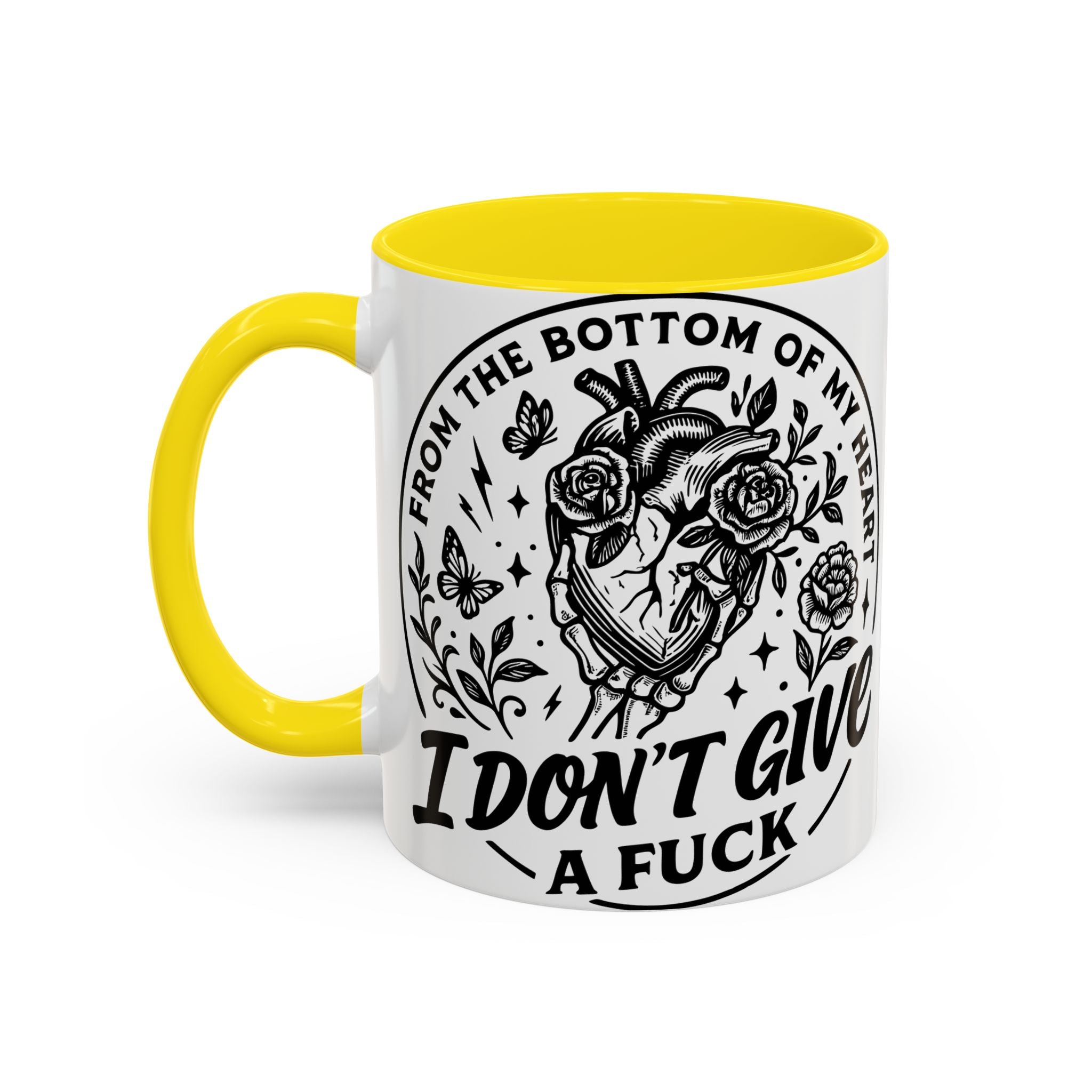 "From Bottom of My Heart, I Don't Give a F*ck" Floral Skull Design for Coffee Lovers-Black Accent Coffee Mug -