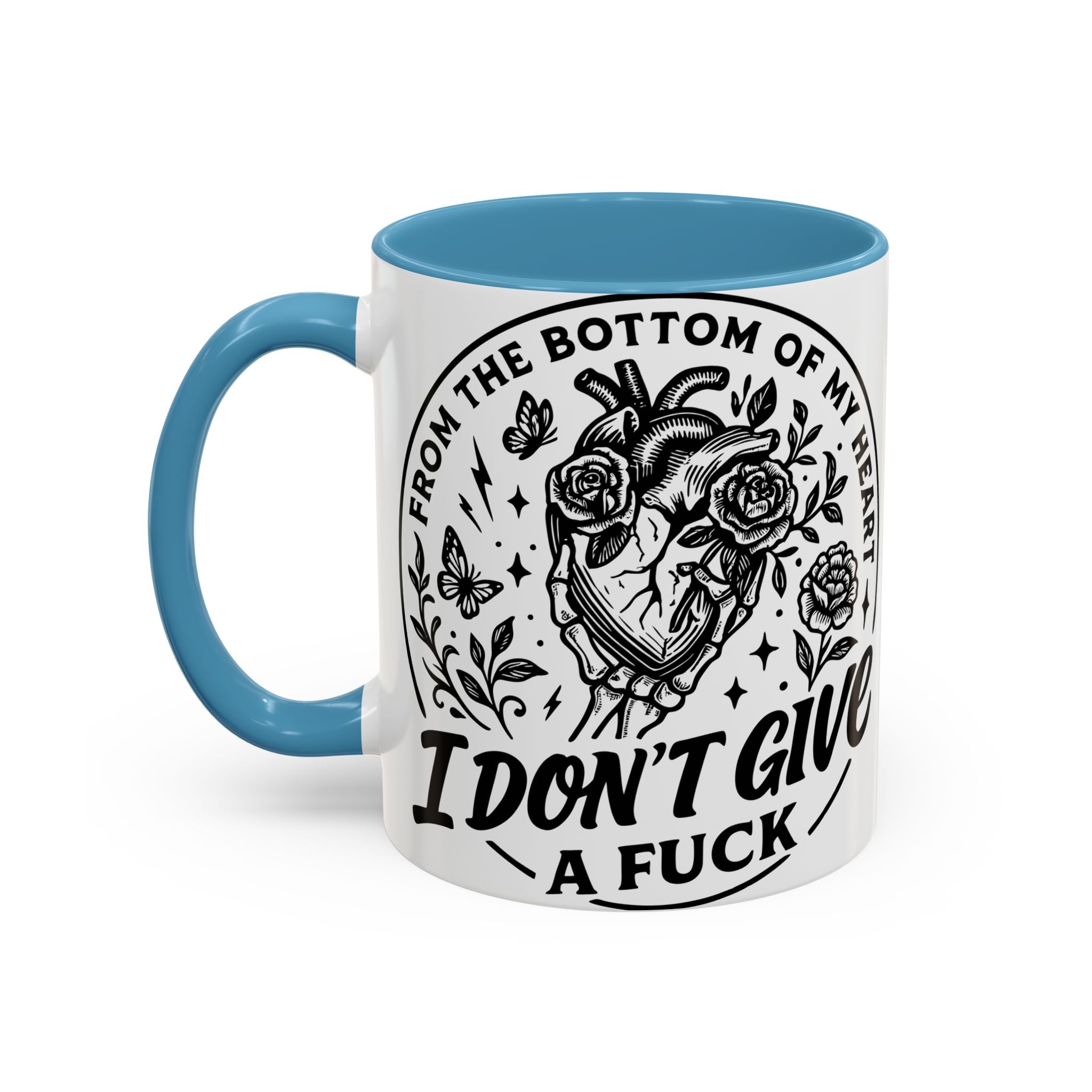 "From Bottom of My Heart, I Don't Give a F*ck" Floral Skull Design for Coffee Lovers-Black Accent Coffee Mug -
