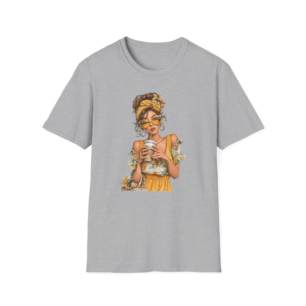 Boho Coffee Girl with Stylish Sun headwrap Graphic Tee