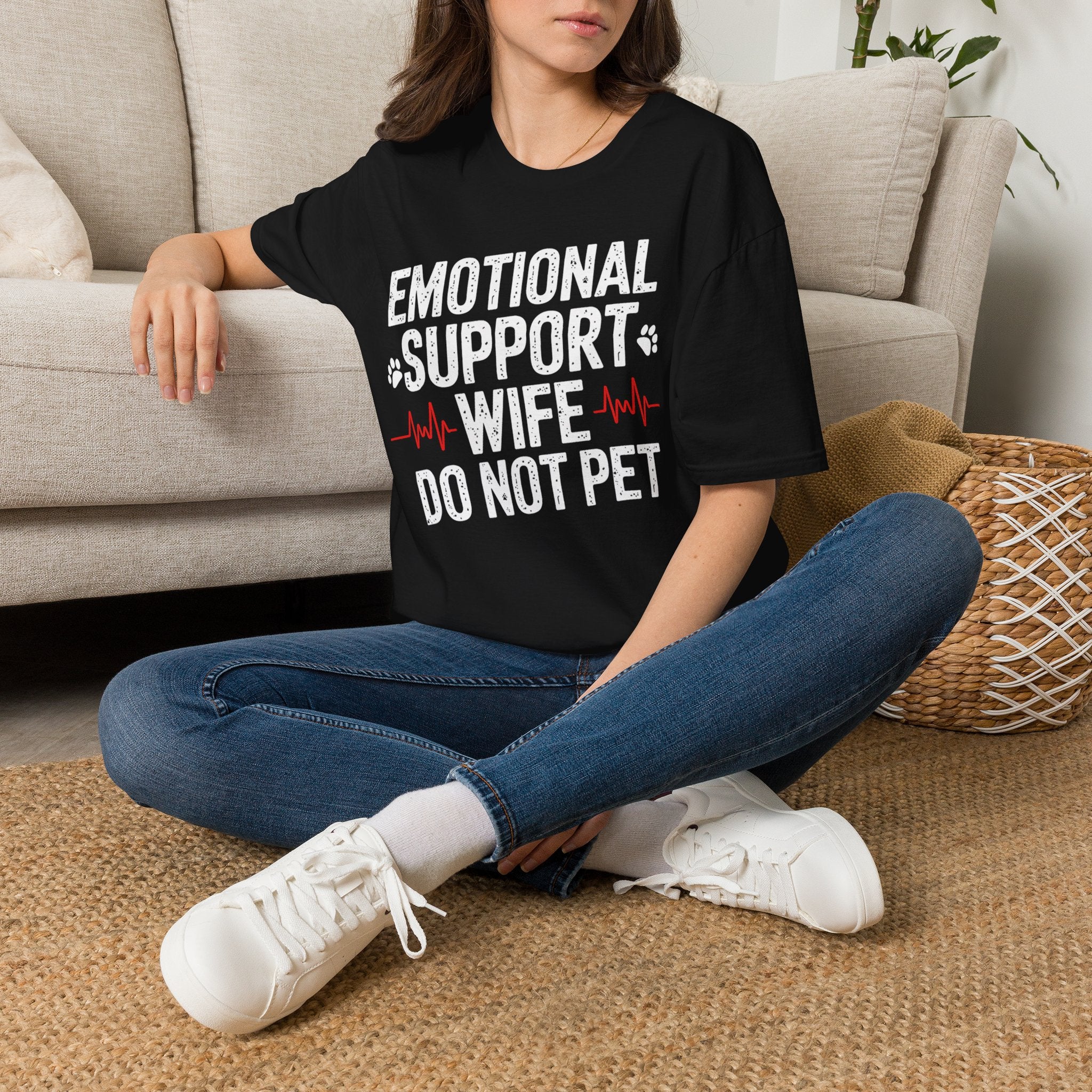 Emotional Support Wife T-Shirt — Funny Paw Print & Heartbeat Graphic