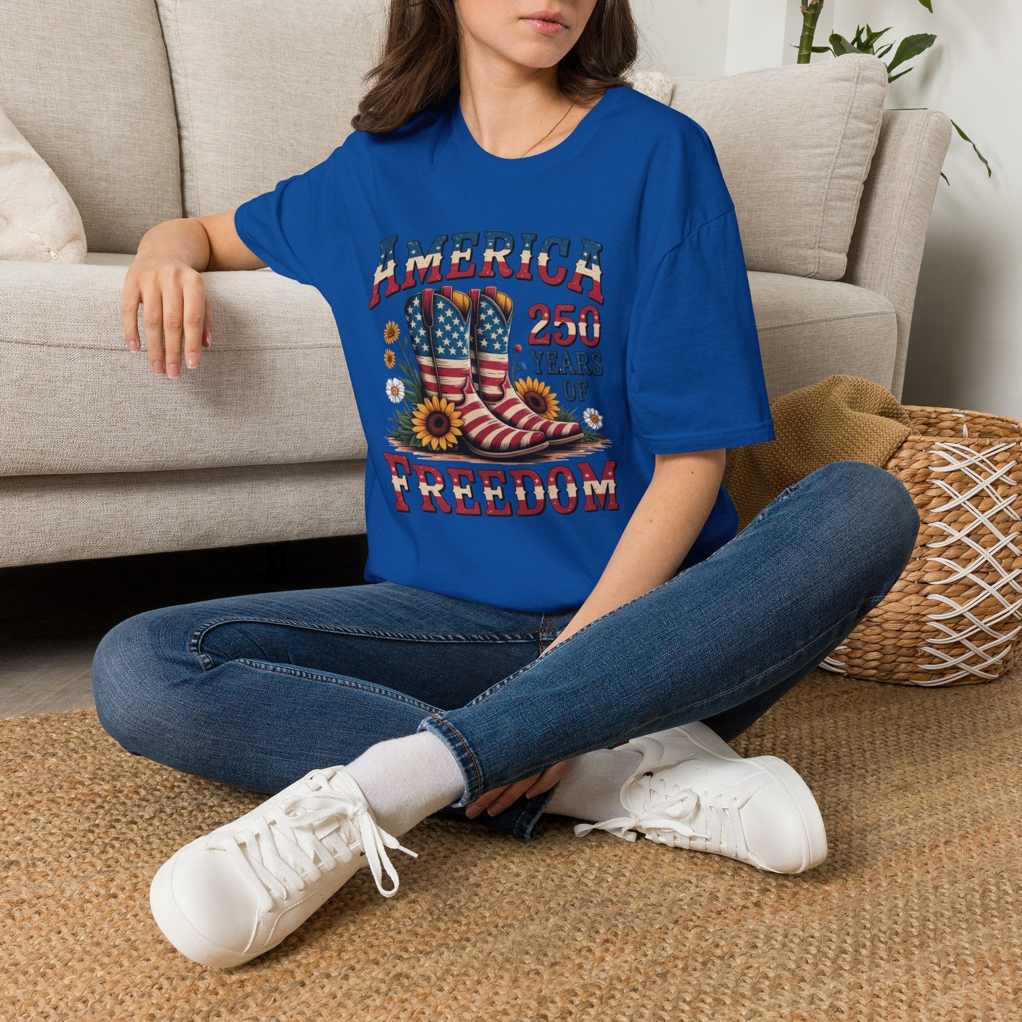 Patriotic Cowboy Boots & Sunflowers America 250 Years of Freedom T-Shirt