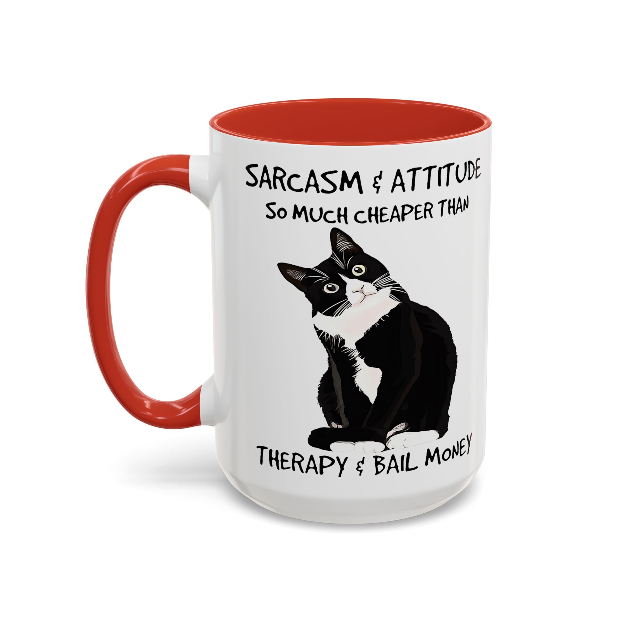 'Sarcasm & Attitude is Cheaper than Therapy & Bail Money ' Black Cat Illustration Accent Coffee Mug