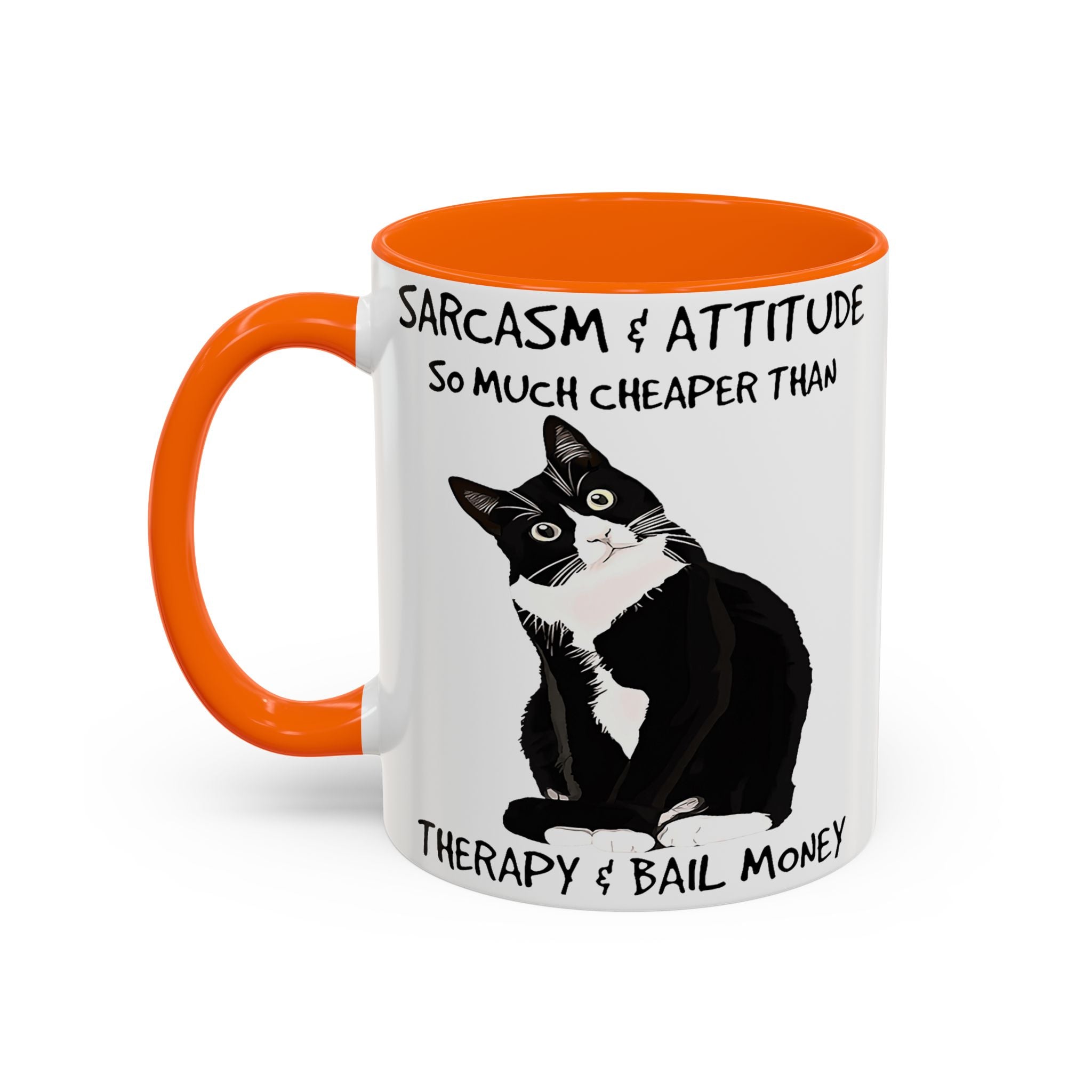 'Sarcasm & Attitude is Cheaper than Therapy & Bail Money ' Black Cat Illustration Accent Coffee Mug
