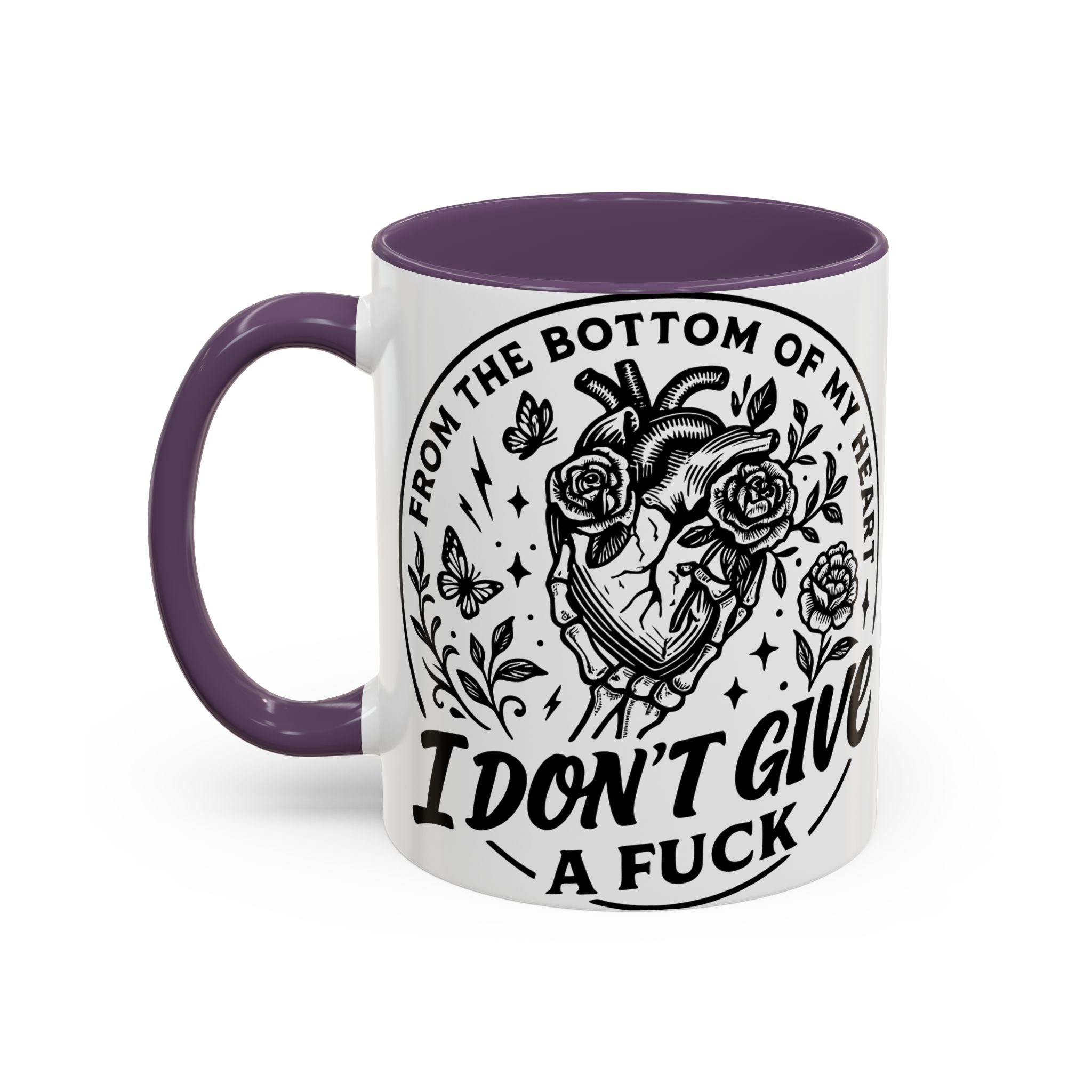 "From Bottom of My Heart, I Don't Give a F*ck" Floral Skull Design for Coffee Lovers-Black Accent Coffee Mug -