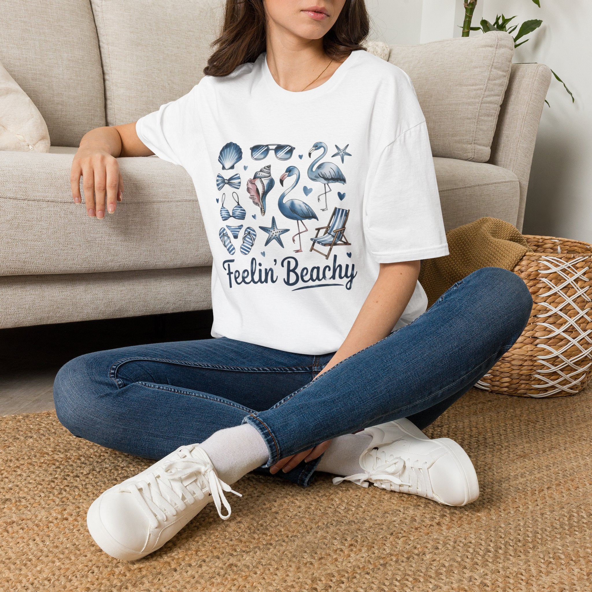 'Feelin' Beachy' Flamingo & Seashell Beach Vibes Graphic Tee
