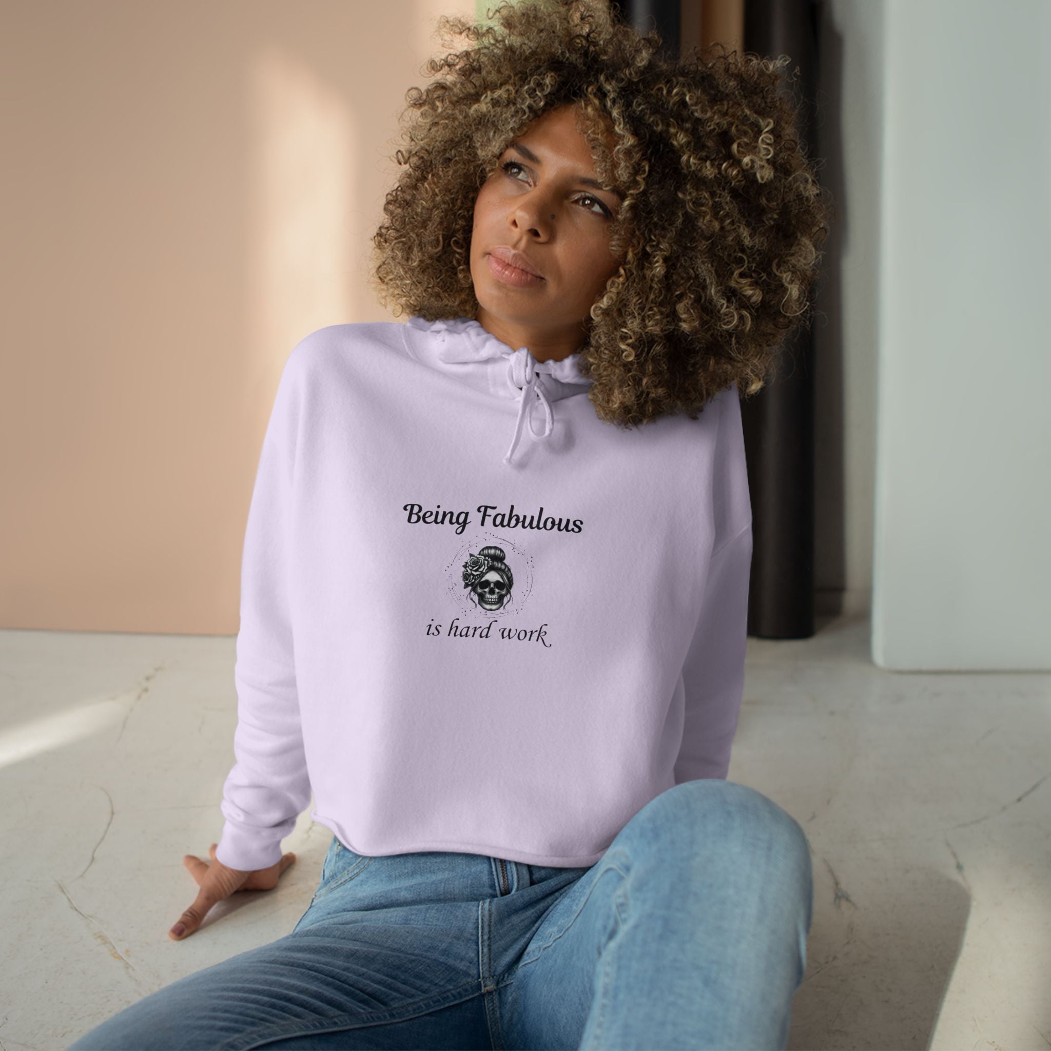 "Being Fabulous Is Hard Work" Skull Graphic-Cropped Hoodie