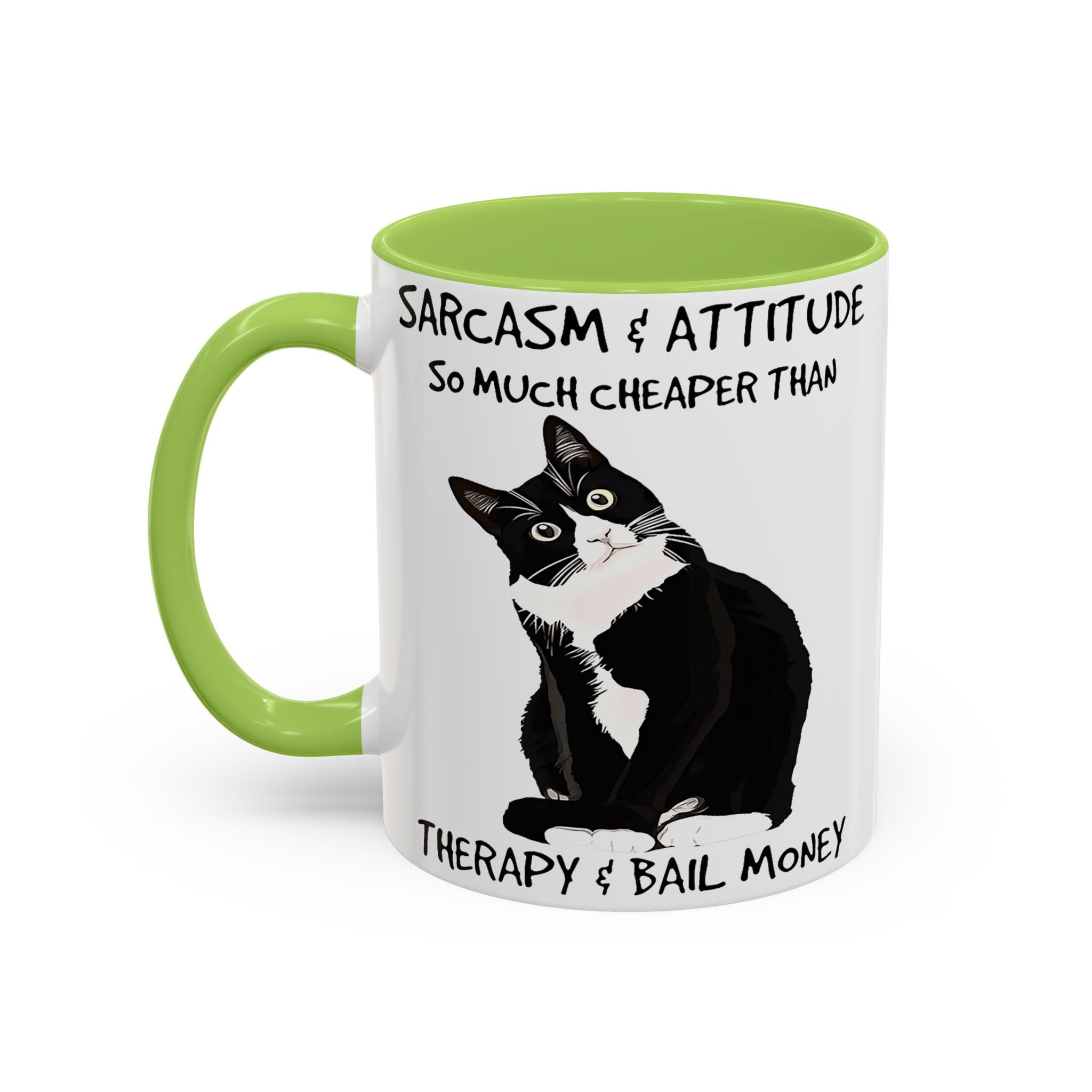 'Sarcasm & Attitude is Cheaper than Therapy & Bail Money ' Black Cat Illustration Accent Coffee Mug