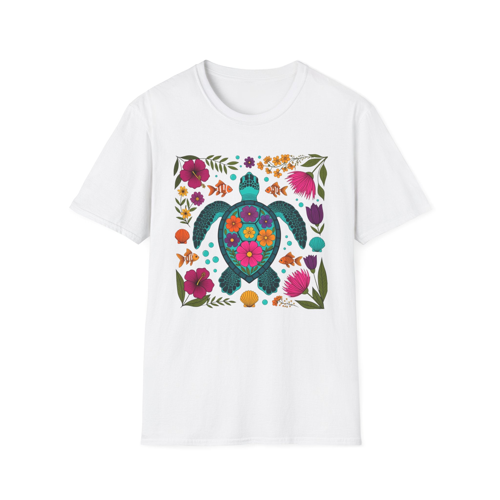 Sea Turtle Floral Colorful Botanical Graphic Tee