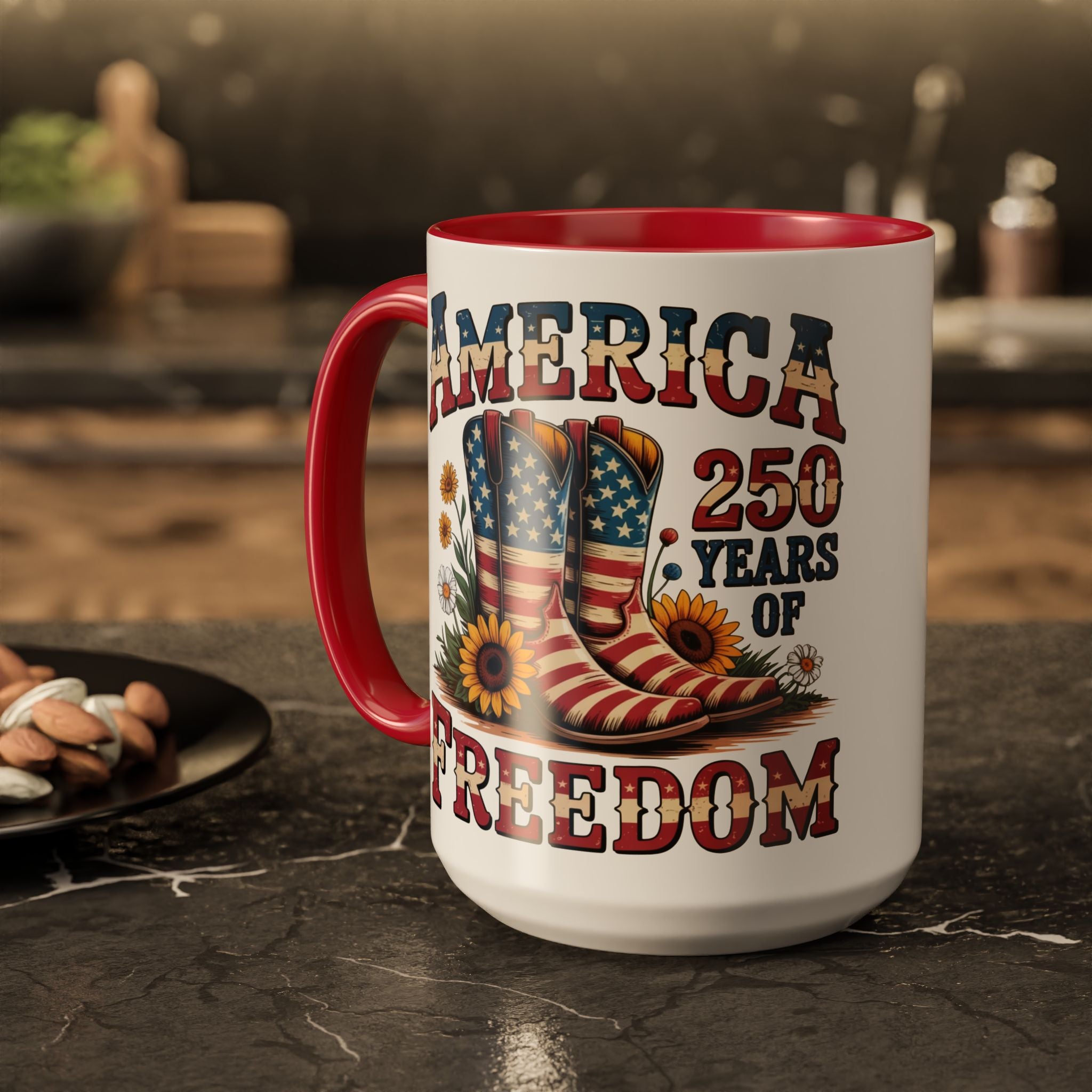 America 250 Years of Freedom Coffee Mug — Patriotic 11oz/15oz Ceramic Mug