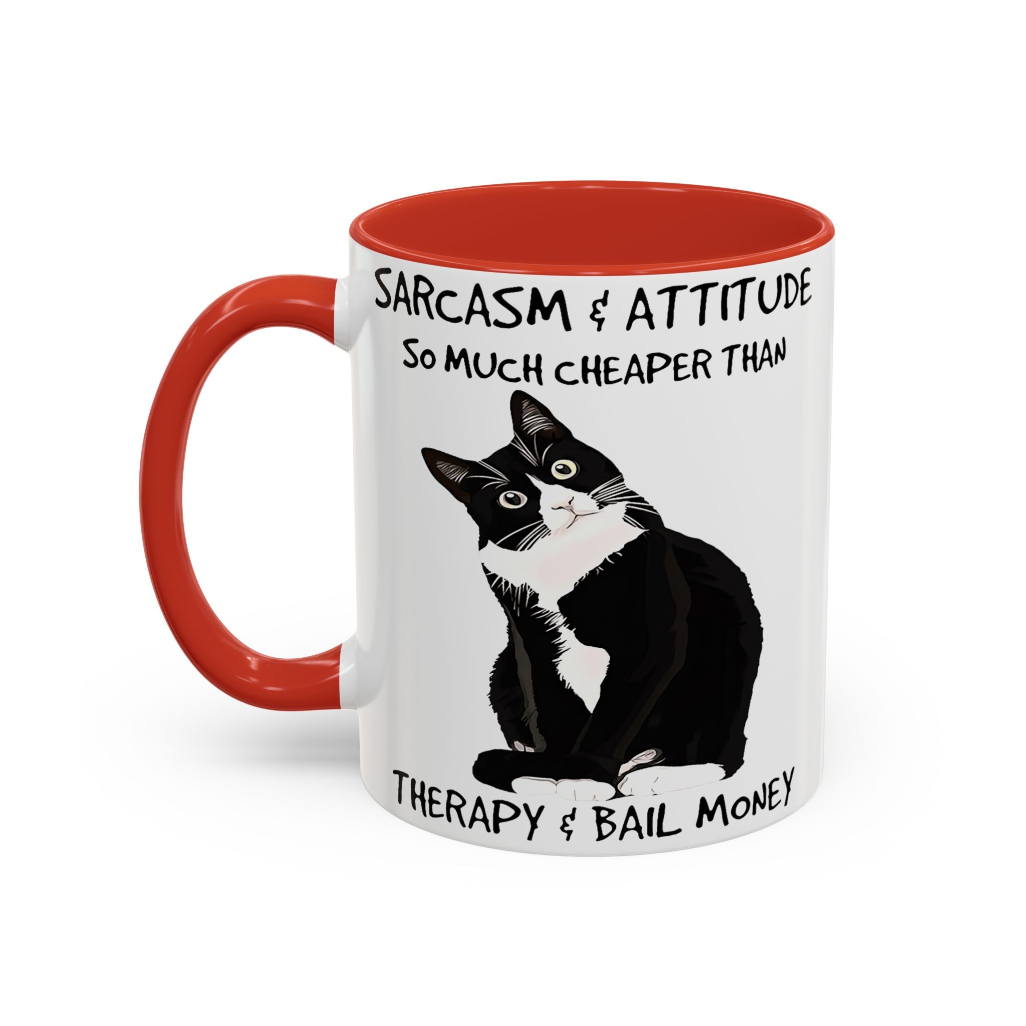 'Sarcasm & Attitude is Cheaper than Therapy & Bail Money ' Black Cat Illustration Accent Coffee Mug