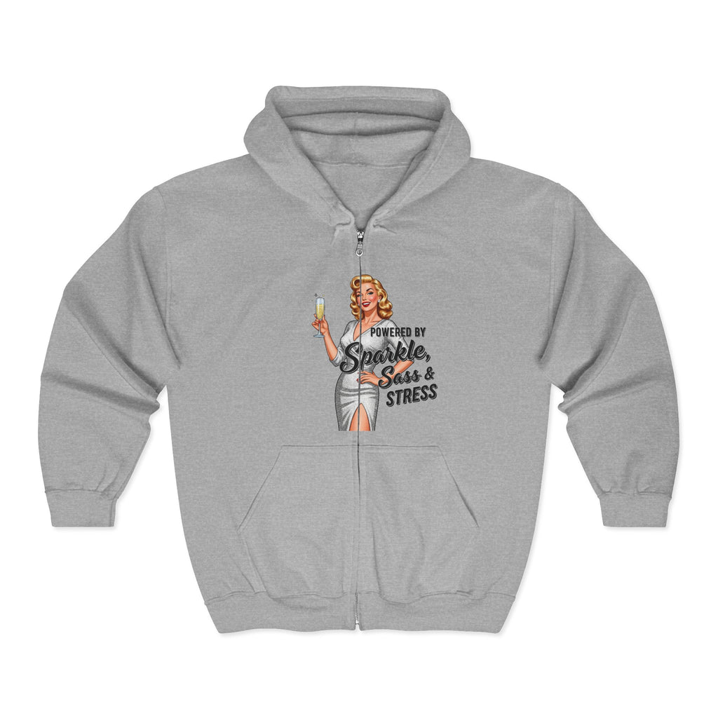 'Powered by Sparkle, Sass & Stress' Vintage Pinup-Zip Hoodie